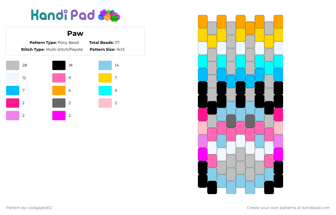 Paw - Pony Bead Pattern by the_cooljayk1d on Kandi Pad - beige,light blue,pink,aroace,trans,demiboy,pride,paw,hypersexual