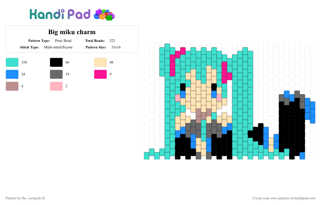 Big miku charm - Pony Bead Pattern by the_cooljayk1d on Kandi Pad - light blue,vocaloid,miku,hatsune miku