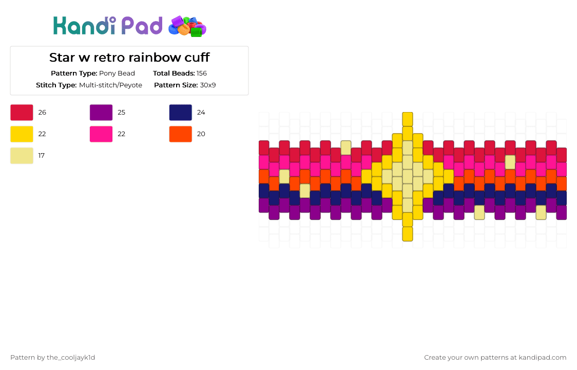 Star w retro rainbow cuff - Pony Bead Pattern by the_cooljayk1d on Kandi Pad - yellow,red,pink