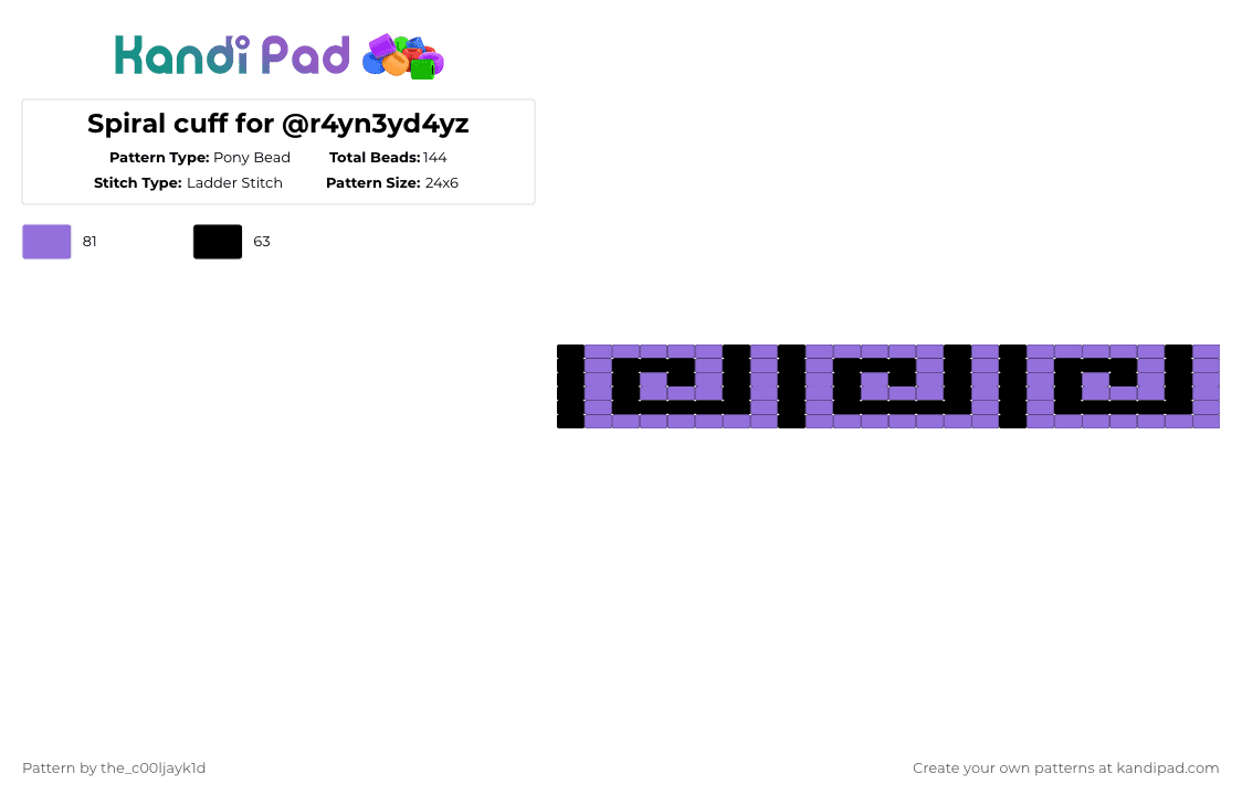Spiral cuff for @r4yn3yd4yz - Pony Bead Pattern by the_cooljayk1d on Kandi Pad - black,purple,spirals,cuff,friend