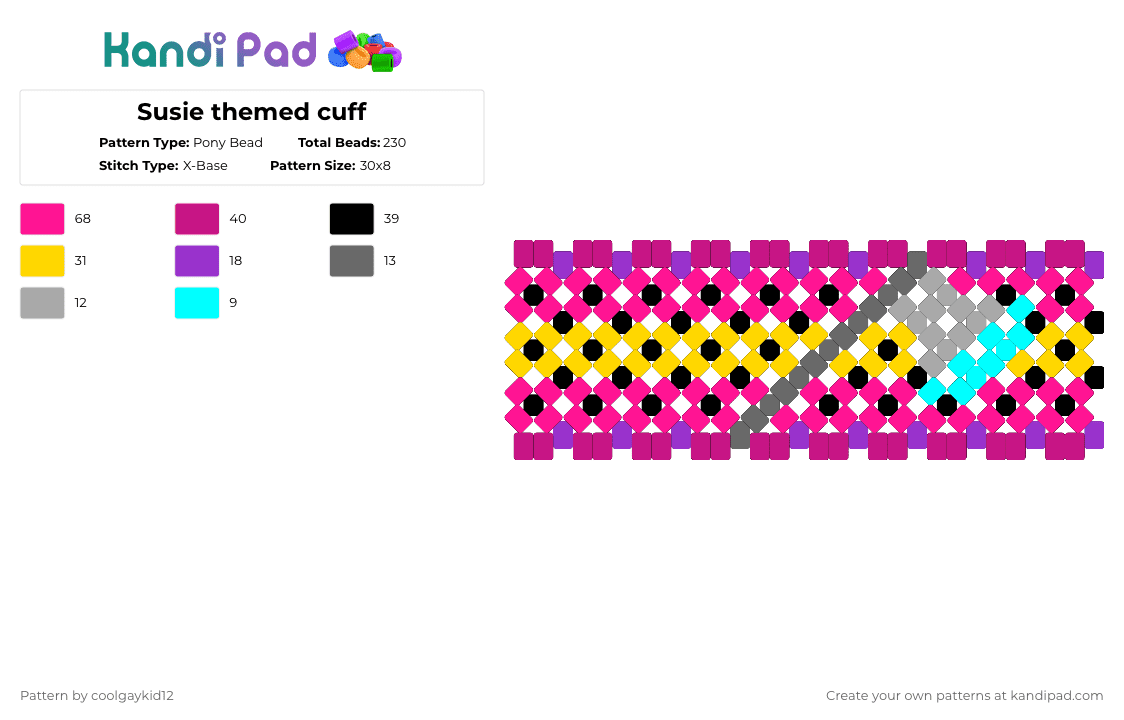 Susie themed cuff - Pony Bead Pattern by the_cooljayk1d on Kandi Pad - pink,yellow,susie,deltarune,cool