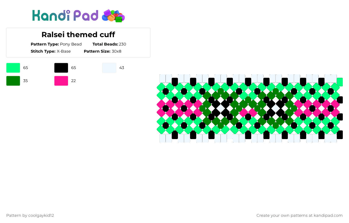 Ralsei themed cuff - Pony Bead Pattern by the_cooljayk1d on Kandi Pad - teal,ralsei,deltarune,cool