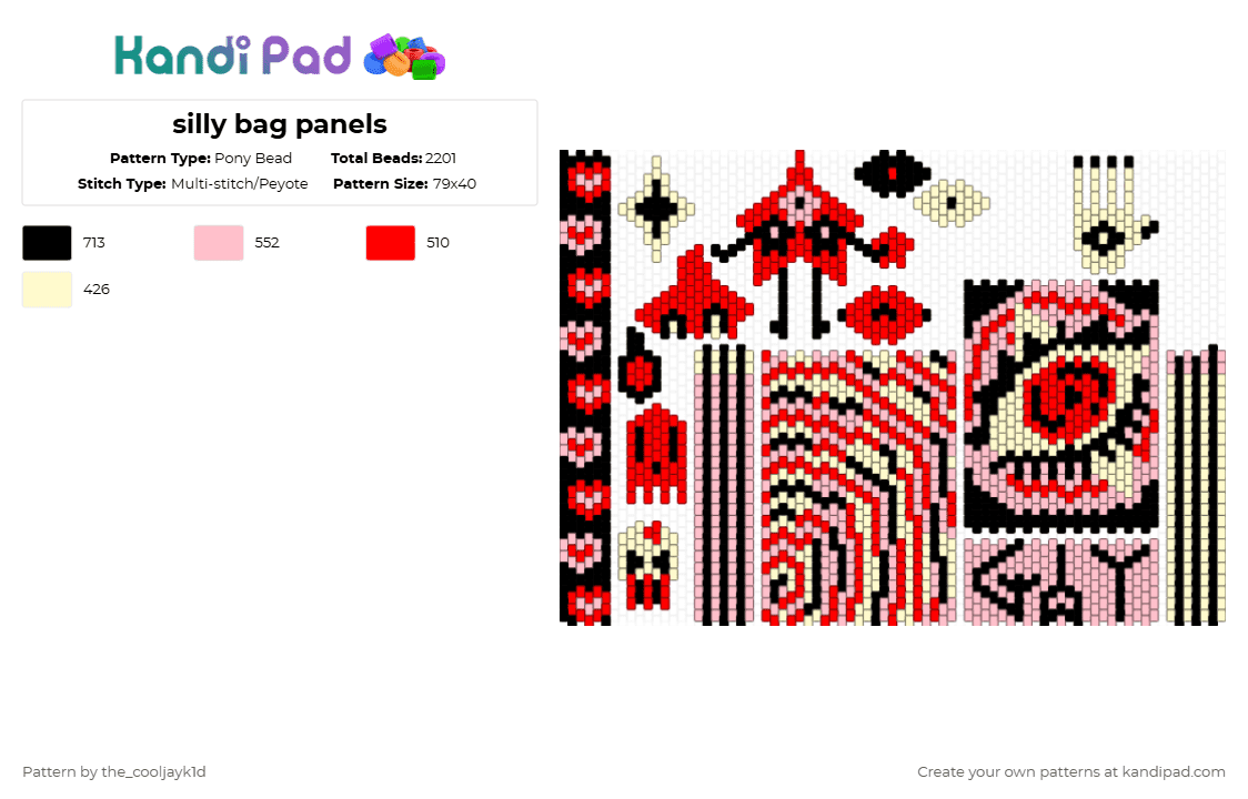silly bag panels - Pony Bead Pattern by the_cooljayk1d on Kandi Pad - red,pink,stars,spirals,bag,bag panel