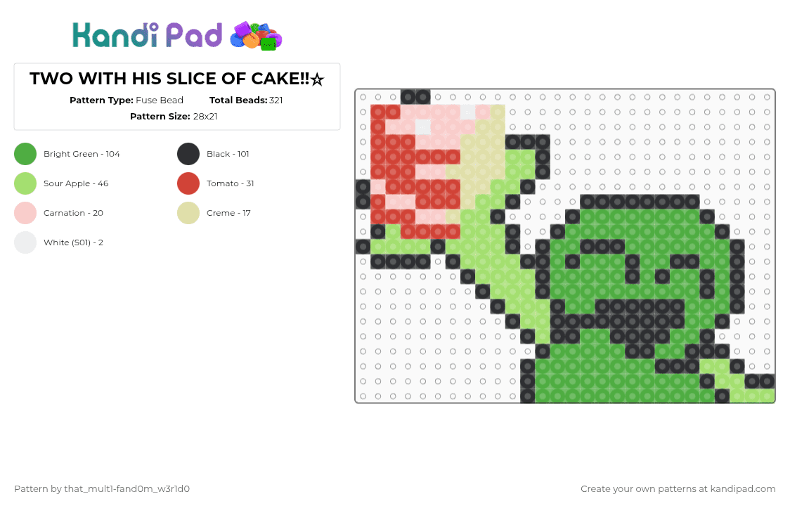 TWO WITH HIS SLICE OF CAKE!!☆ - Fuse Bead Pattern by deleted_user_483224 on Kandi Pad - green