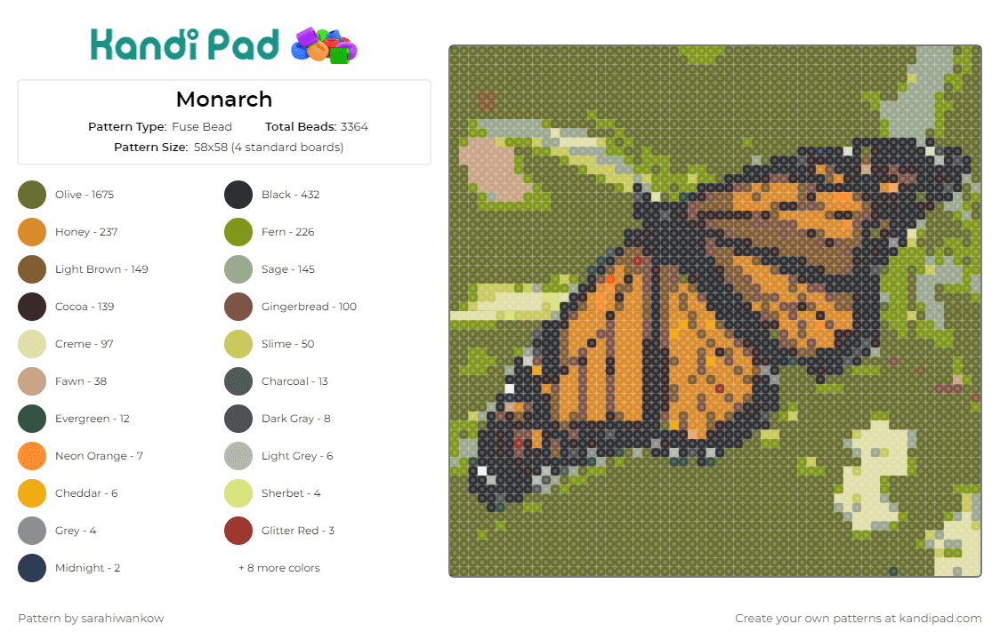 Monarch - Fuse Bead Pattern by sarahiwankow on Kandi Pad - monarch,butterfly,nature,insect,wildlife,delicate,vibrant,realistic,wings,orange,green