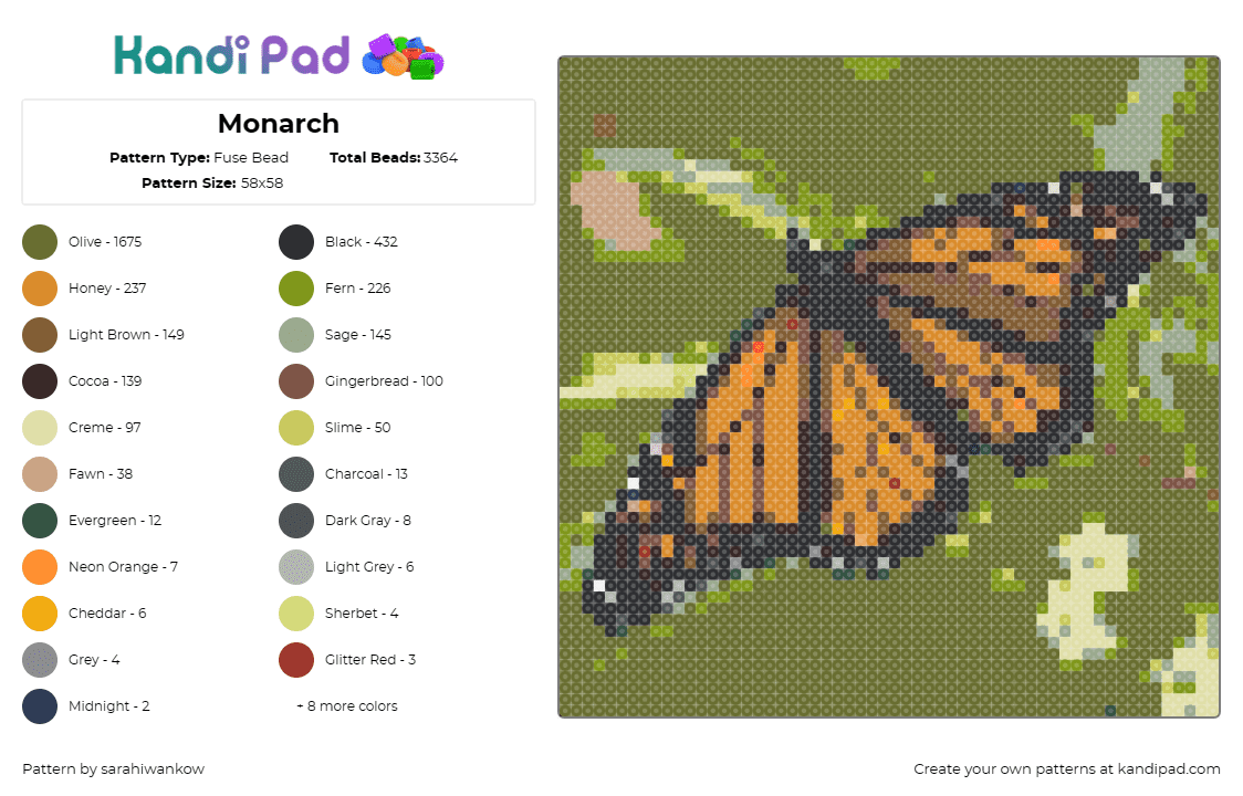 Monarch - Fuse Bead Pattern by sarahiwankow on Kandi Pad - monarch,butterfly,nature,insect,wildlife,delicate,vibrant,realistic,wings,orange