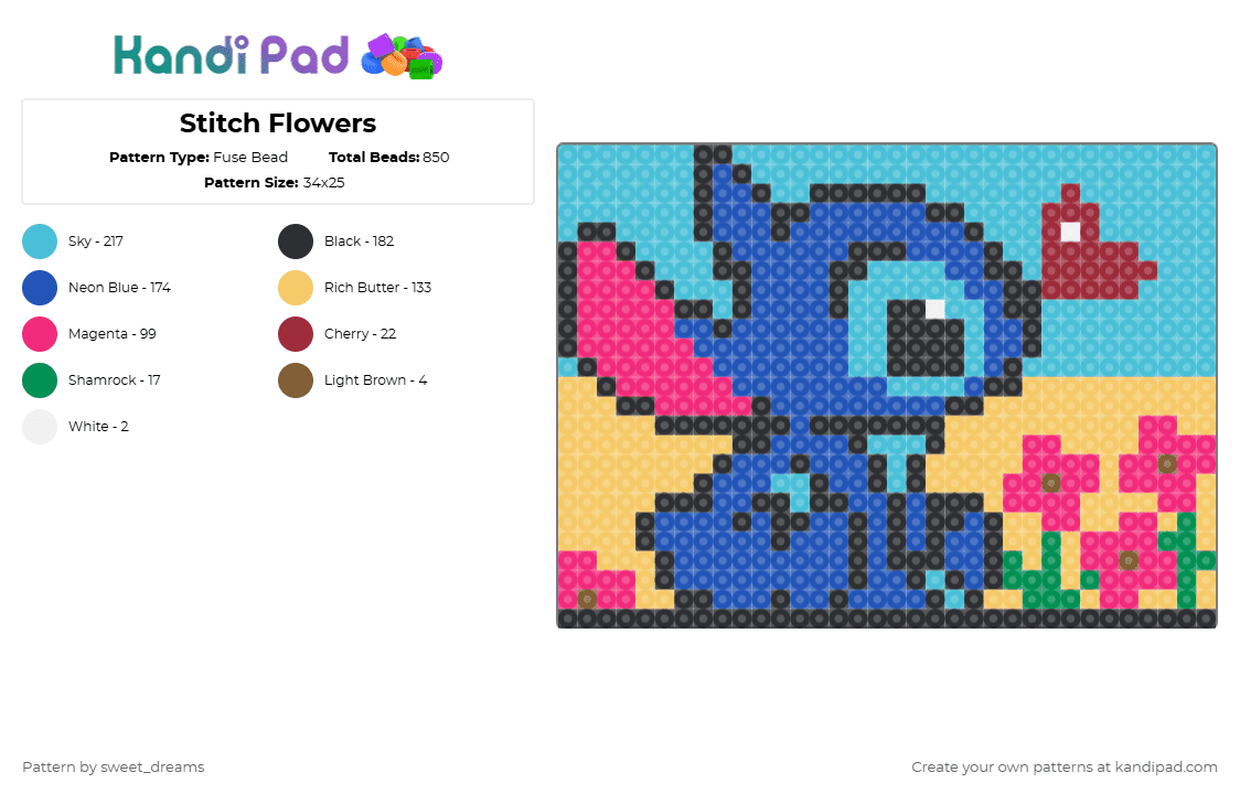 Stitch Flowers - Fuse Bead Pattern by sweet_dreams on Kandi Pad - pink,blue,light blue,yellow