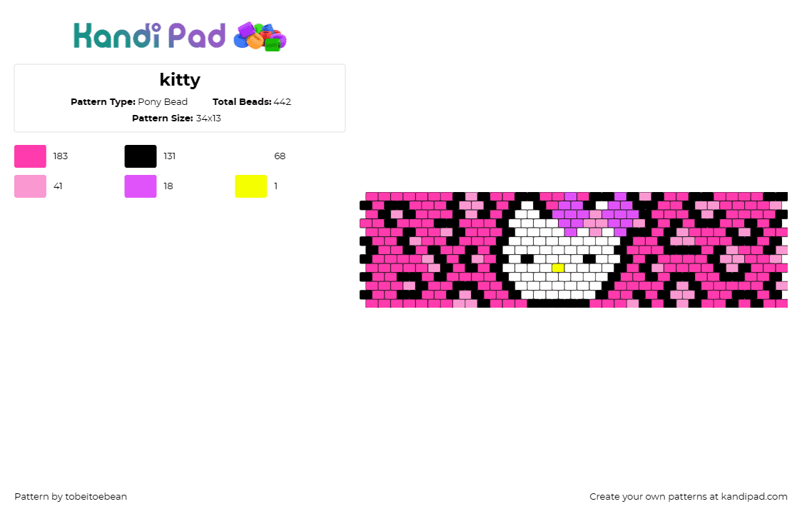 kitty - Pony Bead Pattern by tobeitoebean on Kandi Pad - hello kitty,sanrio,leopard print,cuff,bold,twist,pink