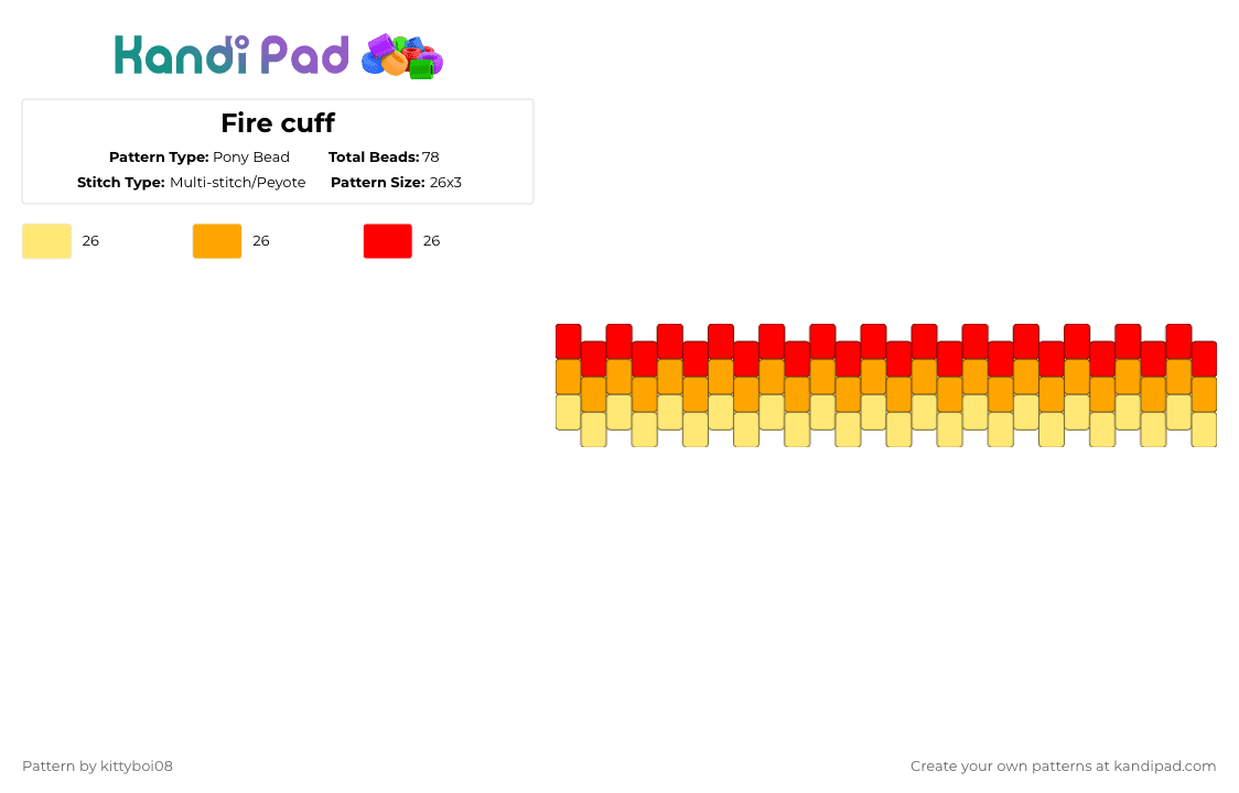 Fire cuff - Pony Bead Pattern by kittyboi08 on Kandi Pad - yellow,orange,red