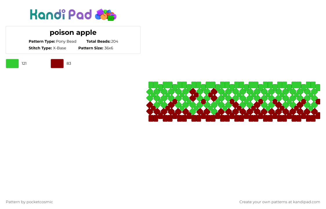 poison apple - Pony Bead Pattern by pocketcosmic on Kandi Pad - poison apple,cuff,xbase,apple,poison,fruit,food,fairytale,evil,green,red