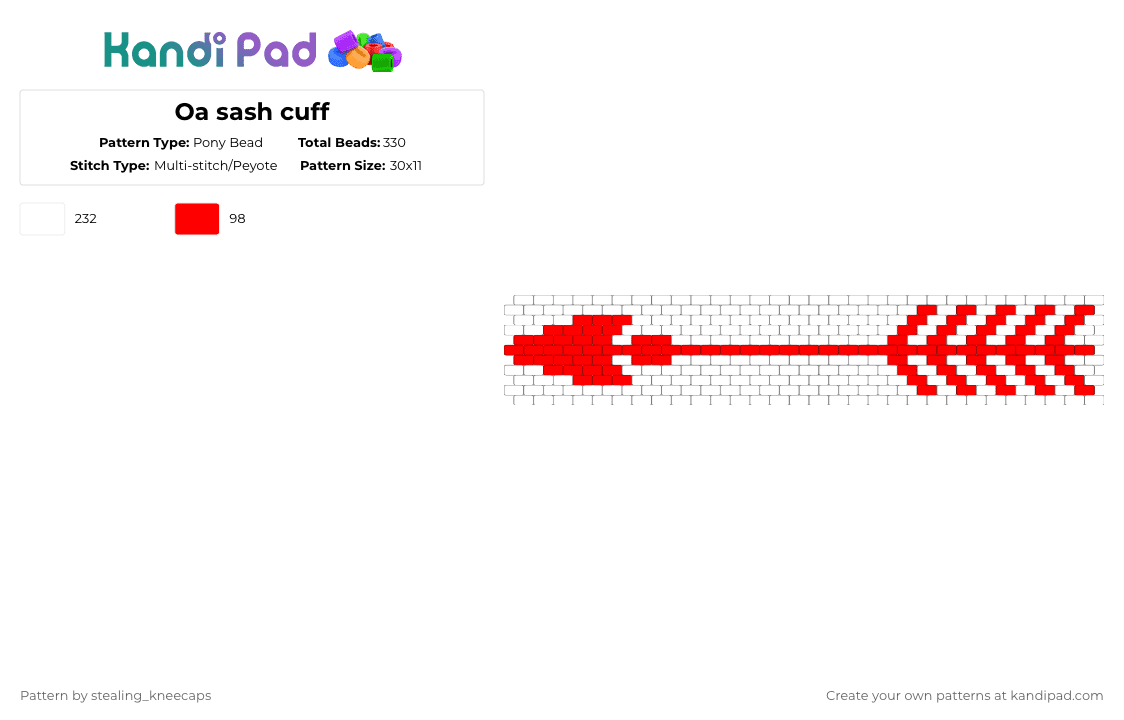 Oa sash cuff - Pony Bead Pattern by stealing_kneecaps on Kandi Pad - red,white
