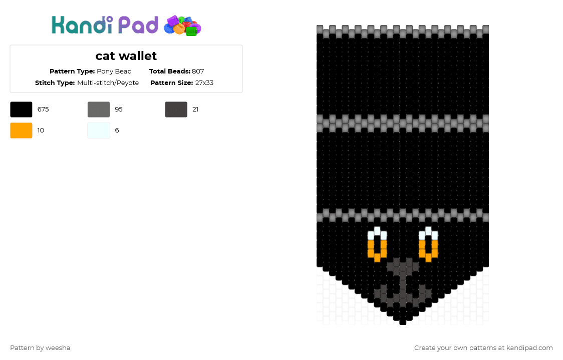 cat wallet - Pony Bead Pattern by weesha on Kandi Pad - black,gray