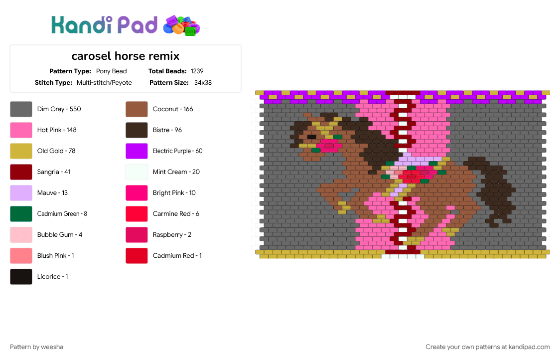 carosel horse remix - Pony Bead Pattern by weesha on Kandi Pad - gray, pink, tan