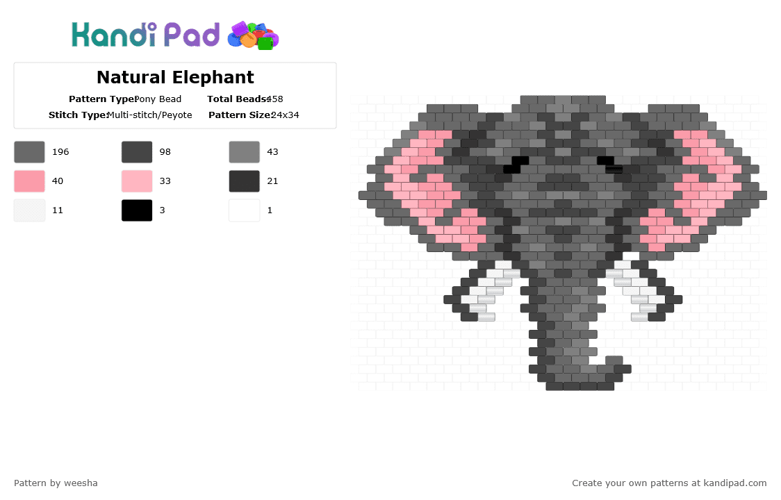 Natural Elephant - Pony Bead Pattern by weesha on Kandi Pad - gray