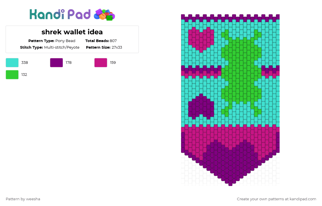 shrek wallet idea - Pony Bead Pattern by weesha on Kandi Pad - pink,light blue