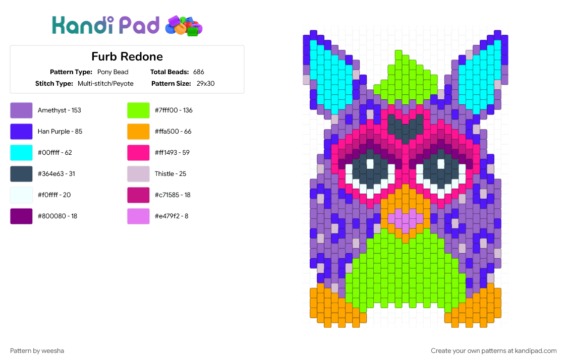 Furb Redone - Pony Bead Pattern by weesha on Kandi Pad - green, pink, purple