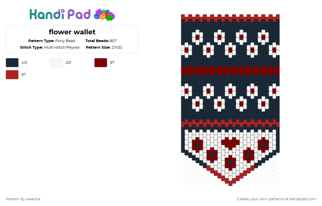 flower wallet - Pony Bead Pattern by weesha on Kandi Pad - white,red,brown