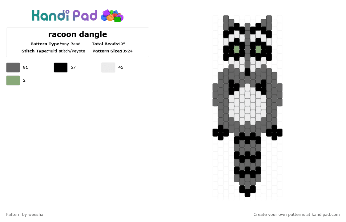 racoon dangle - Pony Bead Pattern by weesha on Kandi Pad - gray