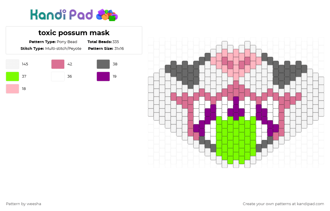 toxic possum mask - Pony Bead Pattern by weesha on Kandi Pad - white,pink