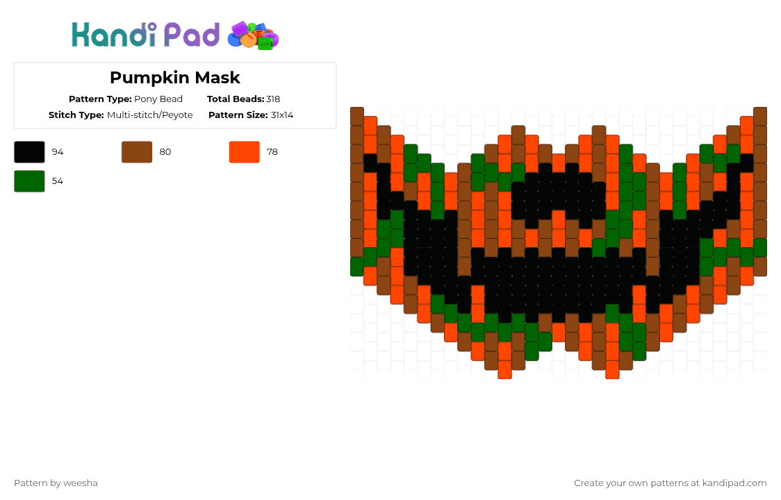 Pumpkin Mask - Pony Bead Pattern by weesha on Kandi Pad - jackolantern,pumpkin,mask,spooky,halloween,holiday,red