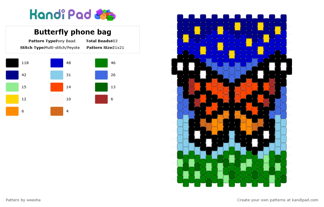 Butterfly phone bag - Pony Bead Pattern by weesha on Kandi Pad - purple,light blue,green