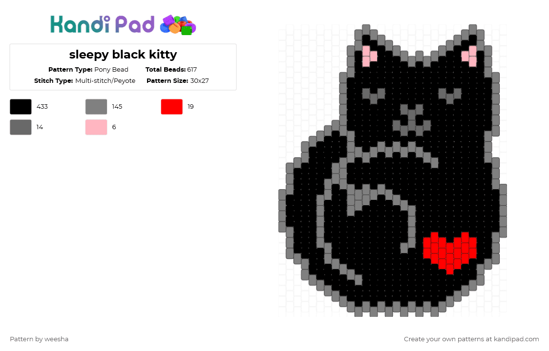 sleepy black kitty - Pony Bead Pattern by weesha on Kandi Pad - black,gray
