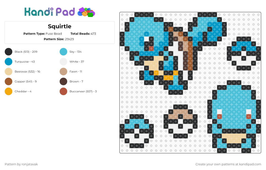 Squirtle - Fuse Bead Pattern by ronjatavak on Kandi Pad - squirtle,pokemon,cute,charm,gaming,character,animal,video game,cartoon,black,light blue