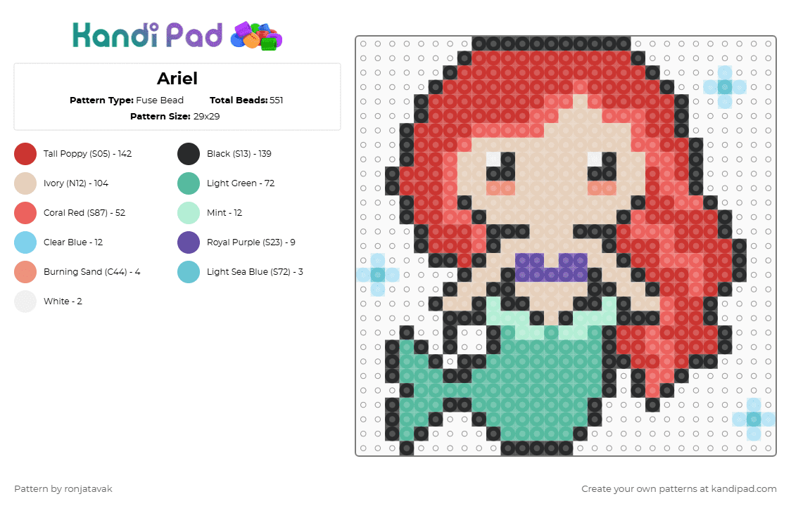 Ariel - Fuse Bead Pattern by ronjatavak on Kandi Pad - beige,red,teal