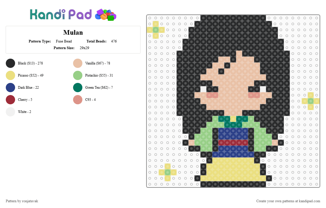 Mulan - Fuse Bead Pattern by ronjatavak on Kandi Pad - black,beige,yellow,teal