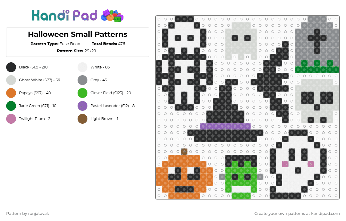 Halloween Small Patterns - Fuse Bead Pattern by ronjatavak on Kandi Pad - halloween,charms,holiday,spooky,black,white,orange,gray,colorful
