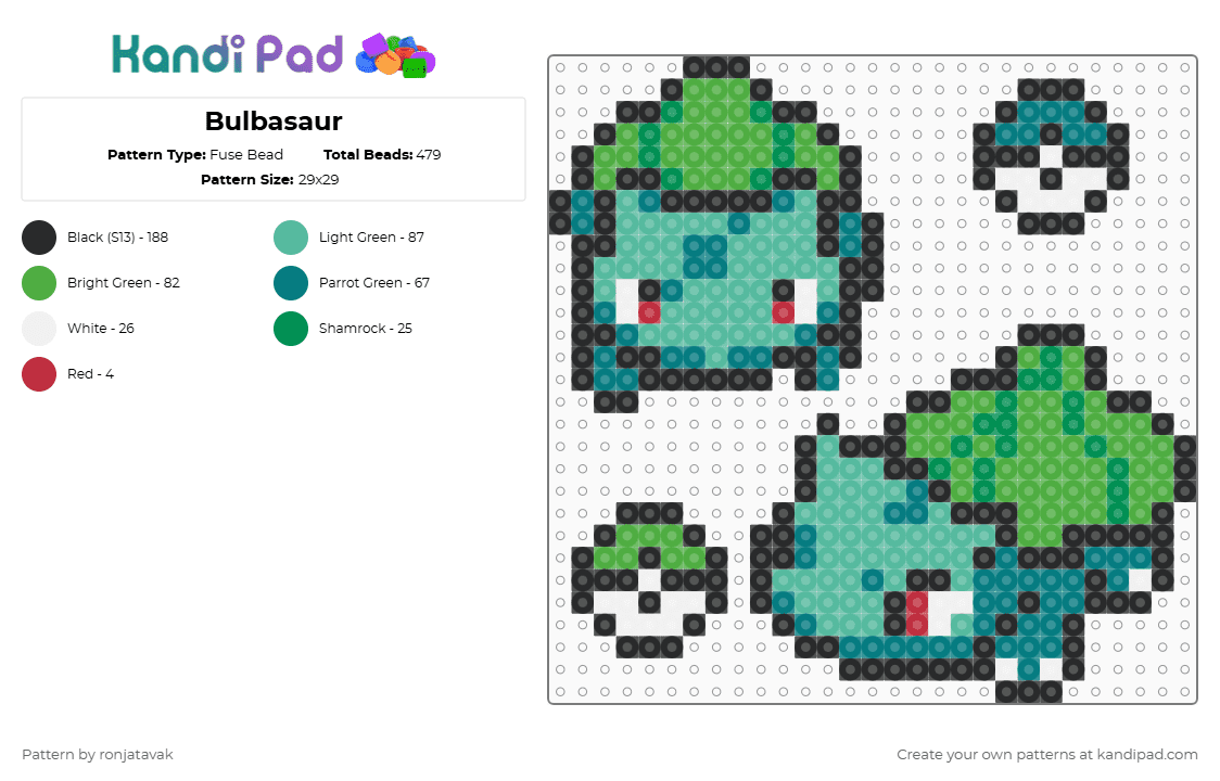 Bulbasaur - Fuse Bead Pattern by ronjatavak on Kandi Pad - teal,green