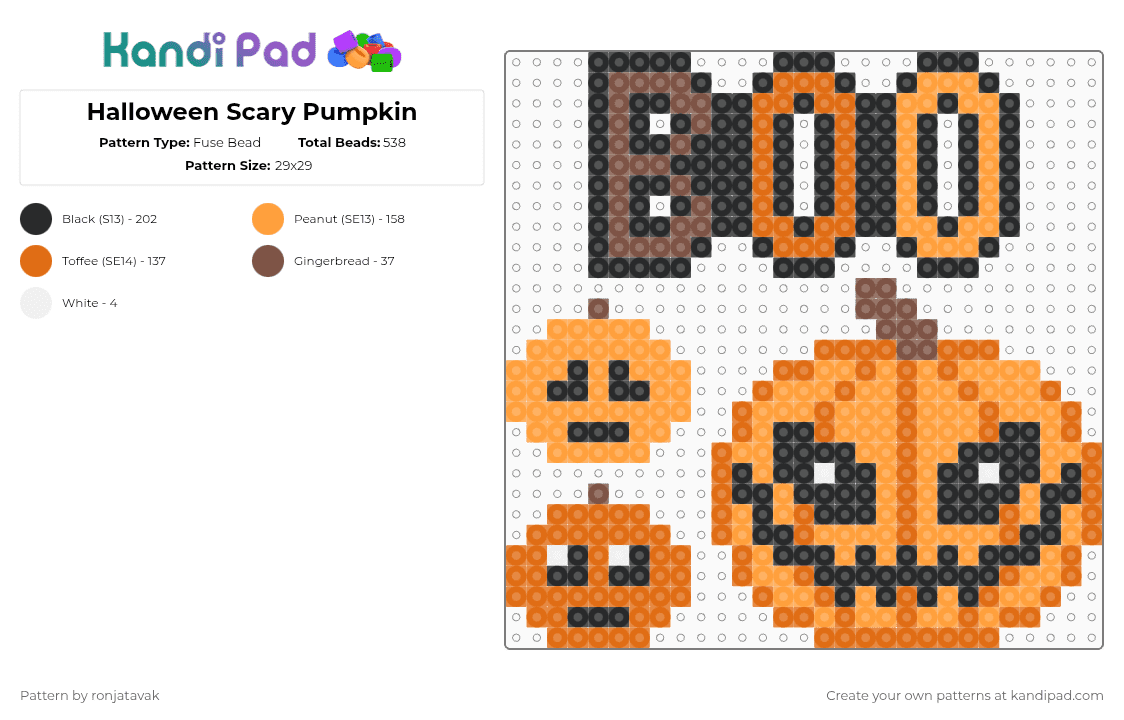 Halloween Scary Pumpkin - Fuse Bead Pattern by ronjatavak on Kandi Pad - boo,pumpkin,halloween,festive,jackolantern,holiday,gourd,spooky,orange