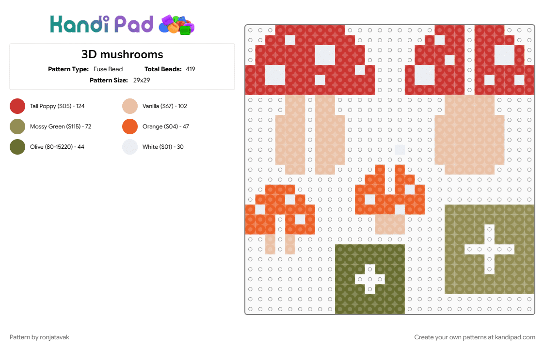 3D mushrooms - Fuse Bead Pattern by ronjatavak on Kandi Pad - beige, gold, red