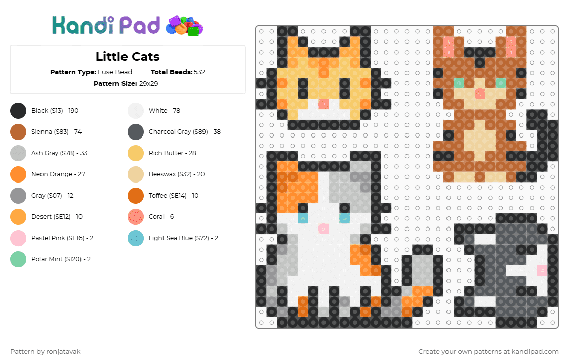 Little Cats - Fuse Bead Pattern by ronjatavak on Kandi Pad - orange,beige,gray,tan