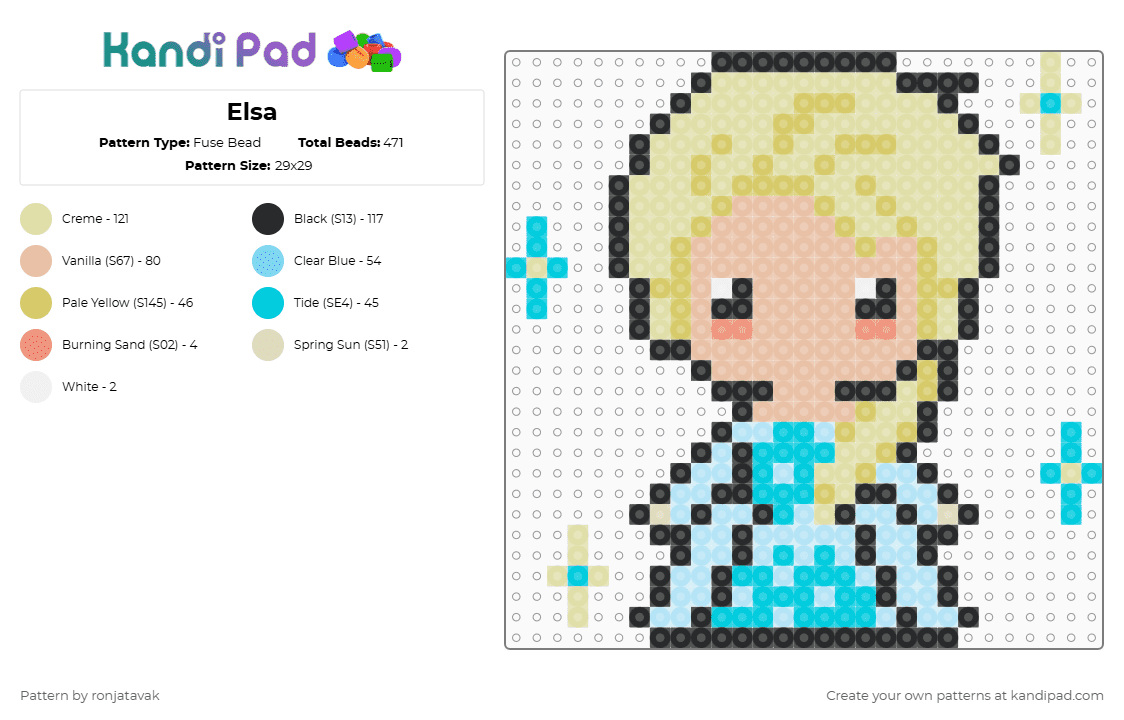 Elsa - Fuse Bead Pattern by ronjatavak on Kandi Pad - elsa,princess,disney,frozen,movie,cartoon,character,yellow,light blue