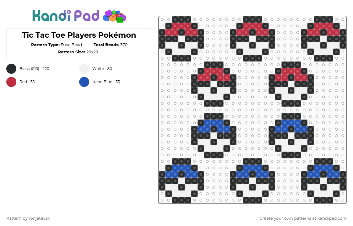Tic Tac Toe Players Pokémon - Fuse Bead Pattern by ronjatavak on Kandi Pad - black,red,blue
