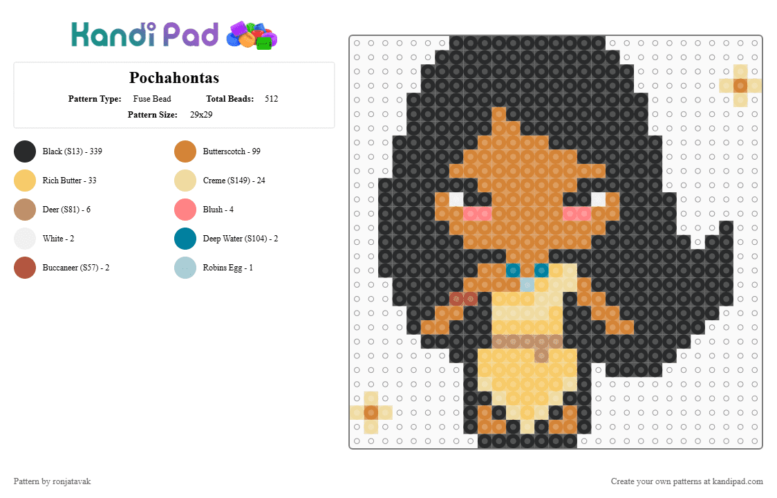 Pochahontas - Fuse Bead Pattern by ronjatavak on Kandi Pad - black,orange,yellow,beige