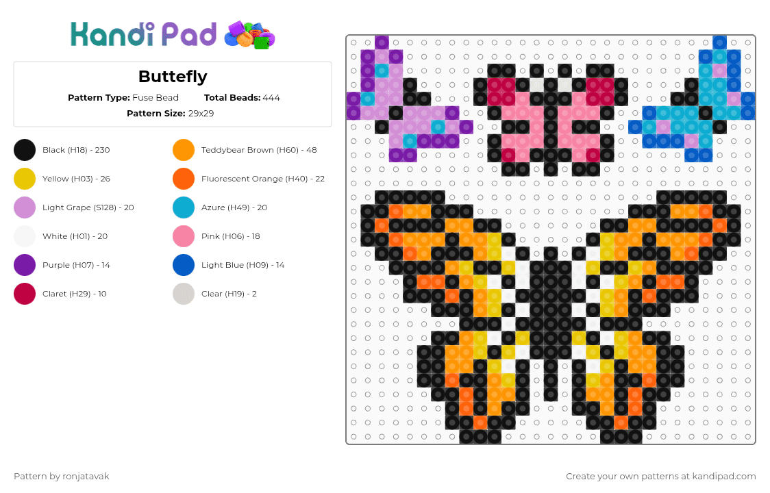Buttefly - Fuse Bead Pattern by ronjatavak on Kandi Pad - black,pink,orange,yellow
