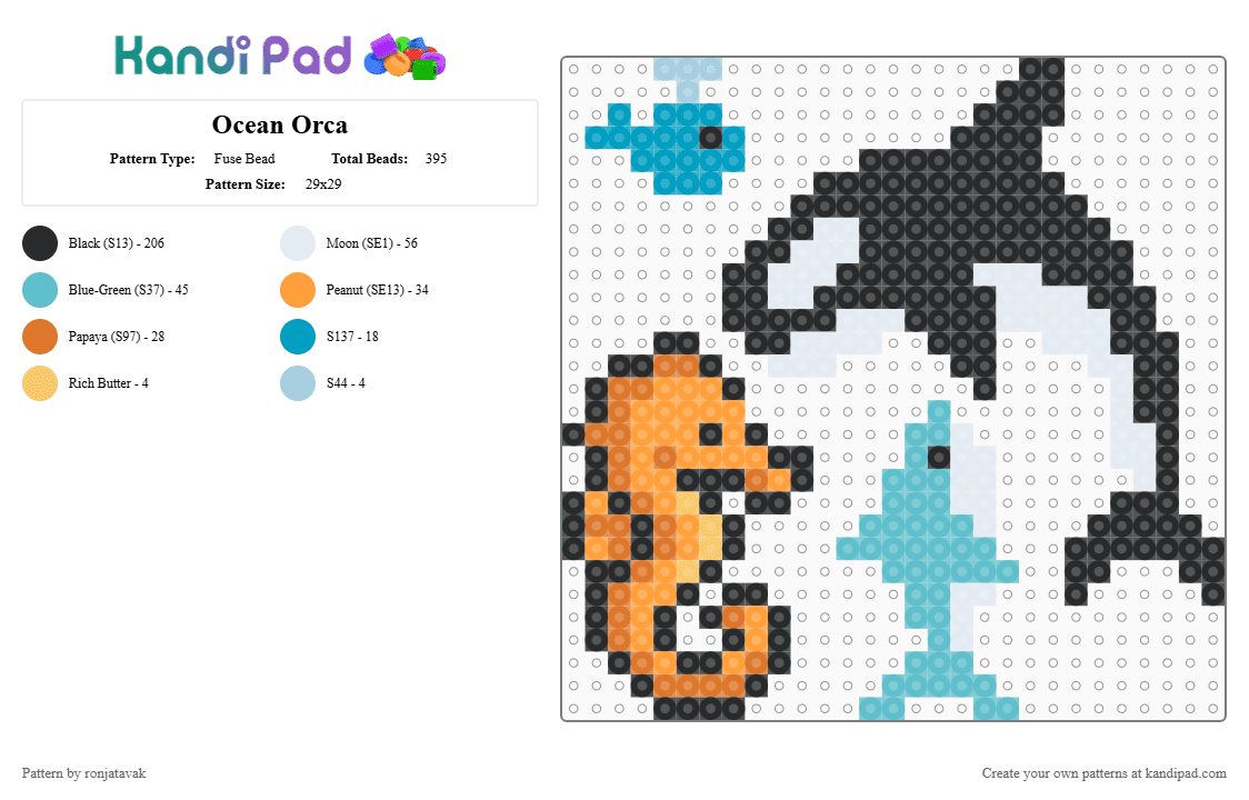 Ocean Orca - Fuse Bead Pattern by ronjatavak on Kandi Pad - black,orange,teal