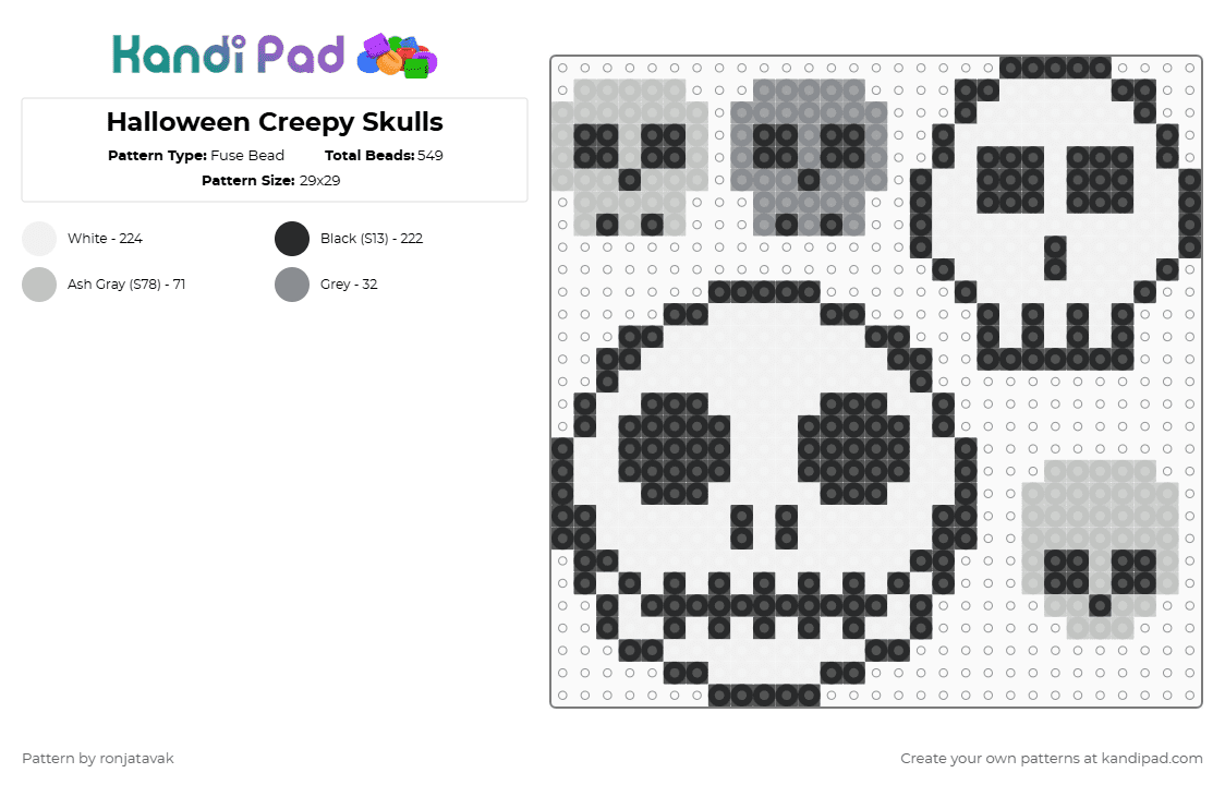 Halloween Creepy Skulls - Fuse Bead Pattern by ronjatavak on Kandi Pad - skull,jack skellington,halloween,spooky,white,beige,gray