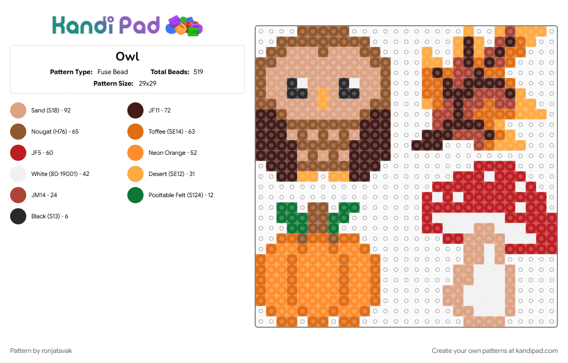 Owl - Fuse Bead Pattern by ronjatavak on Kandi Pad - beige, brown, orange, red
