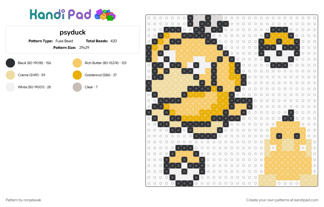 psyduck - Fuse Bead Pattern by ronjatavak on Kandi Pad - yellow
