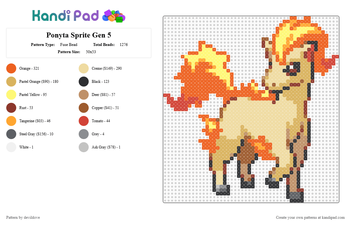 Ponyta Sprite (Gen 5) - Fuse Bead Pattern by devildove on Kandi Pad - orange,beige,ponyta,pokemon,gen 5,black and white,black,white,sprite,black white