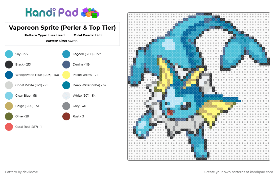 Gen 4 Vaporeon Sprite (Perler & Top Tier) - Fuse Bead Pattern by devildove on Kandi Pad - blue,light blue,pokemon,vaporeon,sprite,perler,playful,cute,gen 4,top tier