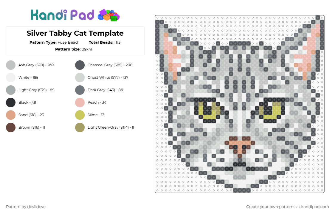 Silver Tabby Cat Template - Fuse Bead Pattern by devildove on Kandi Pad - gray,beige,cat,template,silver,tabby,silver tabby