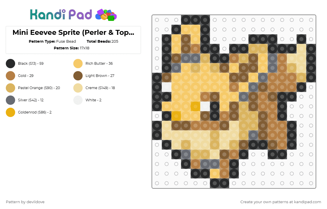 Mini Eeevee Sprite (Perler & Top Tier) - Fuse Bead Pattern by devildove on Kandi Pad - tan,yellow,pokemon,eevee,mini,sprite,gen 8,perler,top tier,gen 7
