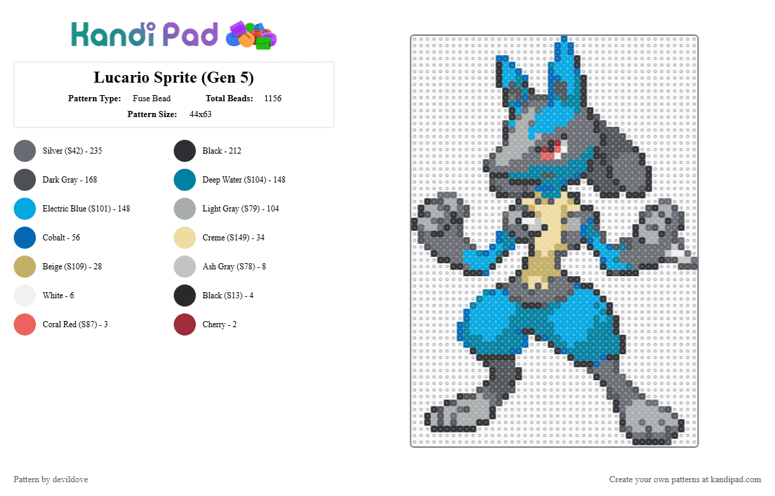 Lucario Sprite (Gen 5) - Fuse Bead Pattern by devildove on Kandi Pad - gray,teal,light blue,pokemon,lucario,gen 5,blackwhite,black and white,sprite,black,white