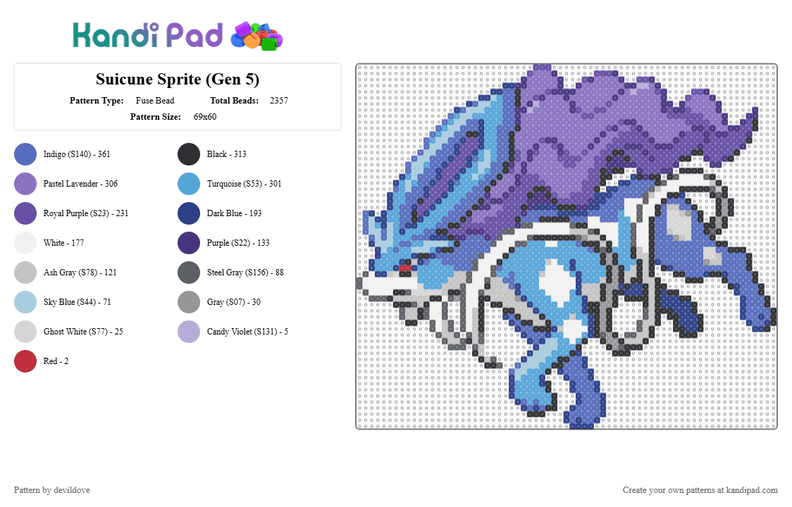 Suicune Sprite (Gen 5) - Fuse Bead Pattern by devildove on Kandi Pad - blue,light blue,purple,pokemon,suicune,sprite,gen 5,black and white,black,white