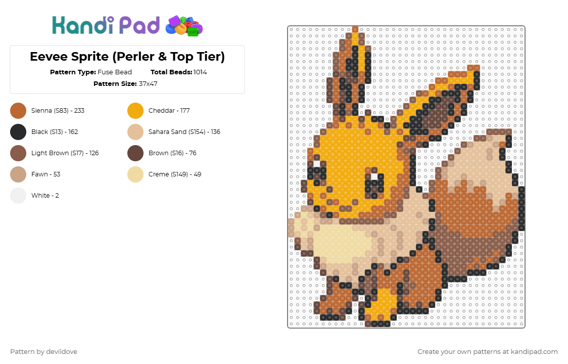 Gen 5 Eevee Sprite (Perler & Top Tier) - Fuse Bead Pattern by devildove on Kandi Pad - tan,beige,pokemon,eevee,sprite,gen 5,perler,top tier