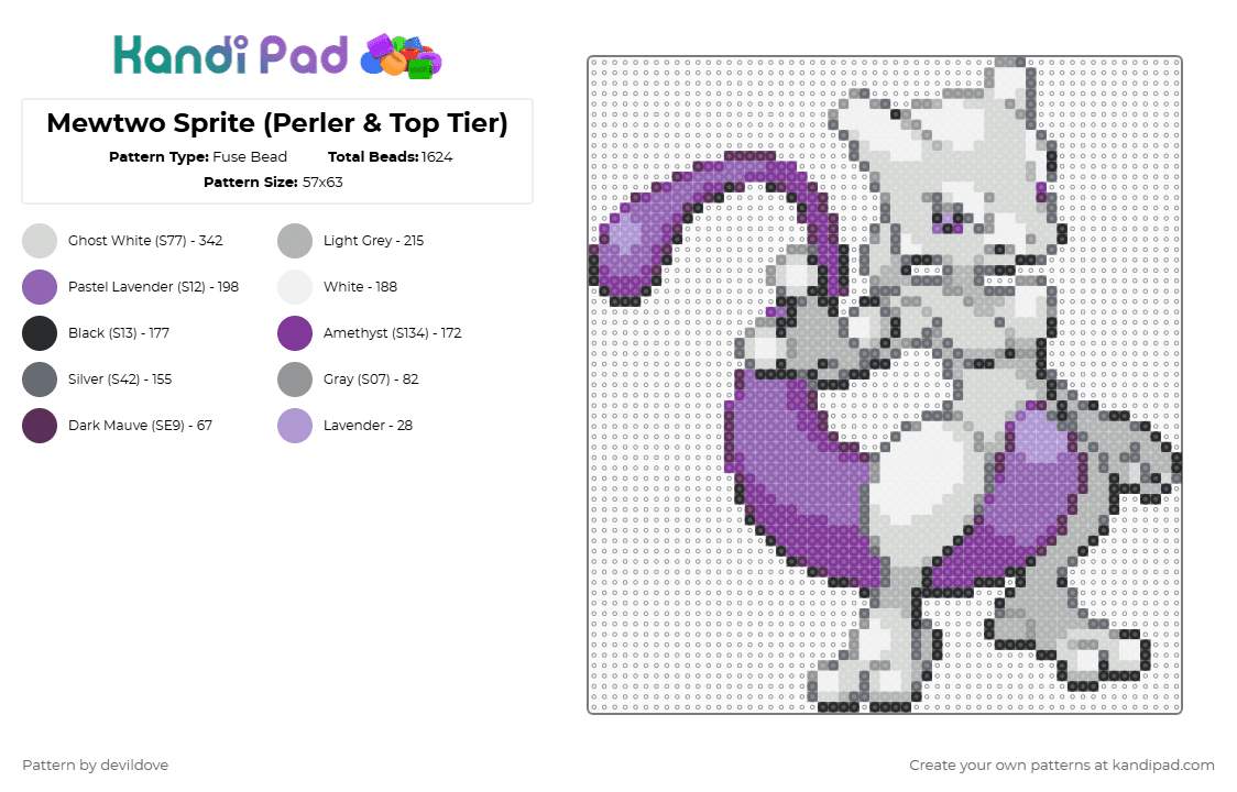 Gen 3 Mewtwo Sprite (Perler & Top Tier) - Fuse Bead Pattern by devildove on Kandi Pad - pink,pokemon,mewtwo,sprite,gen 3,perler,top tier